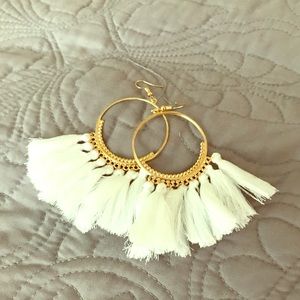 Gold circle white tassel earrings